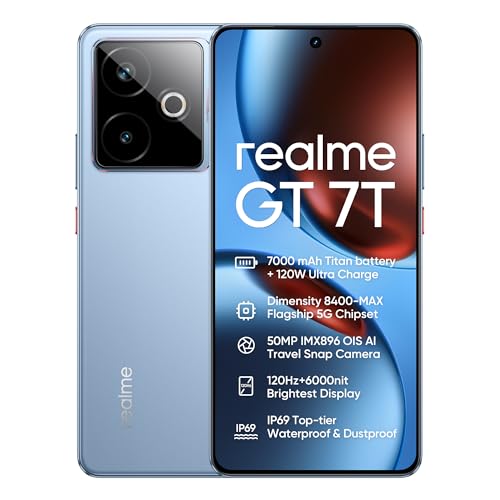 realme GT 7T 5G Smartphone 12 + 256 GB, câmara 50MP IMX896 OIS, chip Dimensity 8400-MAX, bateria 7000 mAh Titan, ecrã 6,78 '' 120 Hz 6000 nits Pro-Esports, NFC, azul