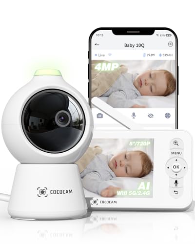 COCOCAM 2K 4 MP IA câmara de vigilância bebé com ecrã de 5", 2,4 G/5 GHZ WiFi, detecção facial coberta, álbum de tempo inteligente, rastreamento automático, detecção de choro, criptografia, visão