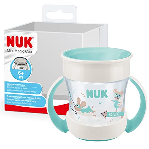 NUK Mini Magic Cup caneca para sorver | borda à prova de derrames de 360°, + 6 meses, alças para facilitar a aderência, sem BPA, 160 ml, rato (turquesa)