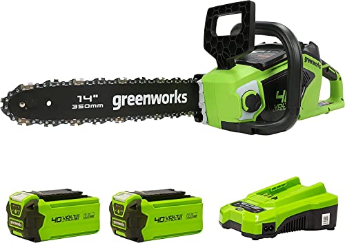 Greenworks GD40CS15K2X Motosserra a bateria, motor sem escovas, comprimento da barra (35 cm), velocidade de corrente de 12 m/s, 3,5 kg, proteção contra retrocesso, 2 x baterias 40 V 2 Ah e carregador