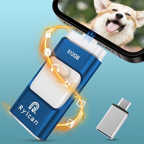 Memória USB para Phone 512GB, Ryican 4 em 1 Pendrive transmissão de alta velocidade Photostick USB 3.0 memória externa para iOS/Pad/Android/telefone/PC, tem função de proteção senha (azul)