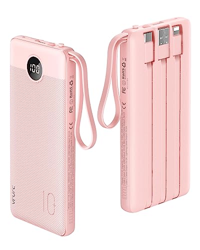 VRURC Power Bank 10000 mAh Bateria externa com 4 cabos de carregamento integrados UCB C carregador móvel portátil ecrã digital LED com 4 saídas e 2 entradas, compatível com Huawei e Smartphone - rosa