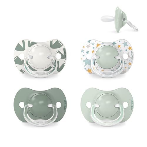 Suavinex, Conjunto de 4 chupetas com cetina física de silicone SX Pro, para bebés de 6 a 18 meses, com Tetina mais plana e flexível, respeita o desenvolvimento oral, verde azul