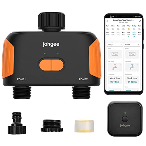 Johgee Temporizador de rega Wi-Fi 2 saídas, programador de rega Wi-Fi inteligente com hub Wi-Fi/controlo por voz, rega automática impermeável para jardim estufa agricultura