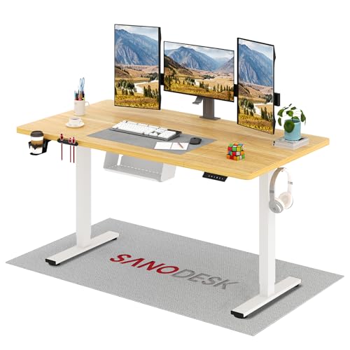 SANODESK Mesa elevável, elétrica 160 x 60 cm com 2 ganchos, fechadura para crianças, Standing Desk, mesa elevável, função de memória, para trabalho / casa (ácer)