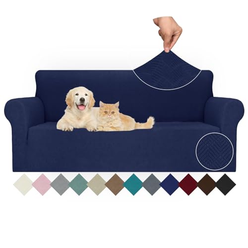 Ystyle Capa para sofá de 3 lugares ajustável, capas para sofá elástico, capa de sofá anti-gatos cães, sofá cover com apoios de braços, Jacquard capas cobertura sofá antiderrapante lavável, azul escuro