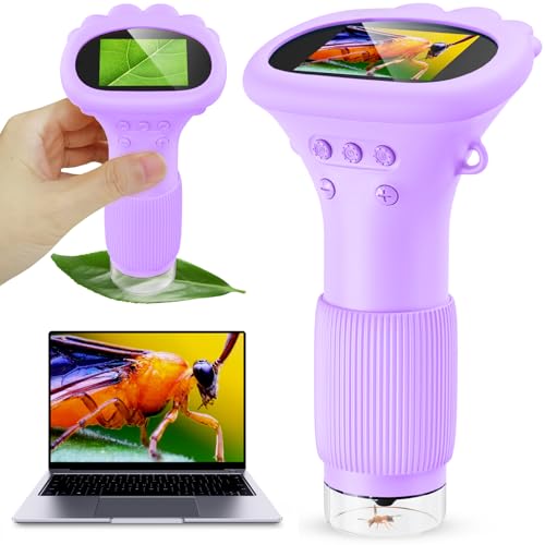 Ashfly Microscópio para crianças, zoom de 200x, câmara de microscópio HD de 2 polegadas, kit de aprendizagem STEM, ferramenta científica portátil, perfeita para meninas de 3 a 12 anos, roxo