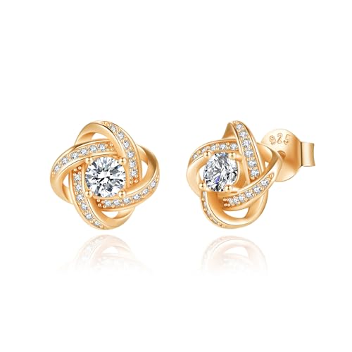 Jrêveinfini Brincos mulher prata 925 nó do amor com trevo de quatro folhas e zircónis, brincos pequenos elegantes hipoalergénicos para presente mãe, namorada, amiga