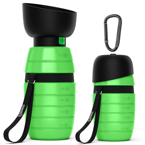 Pecute Garrafa de água para cães (verde 650 ml) com tigela de água dobrável garrafa de água de silicone de grau alimentar para cães gatos, 100% livre de fugas de água