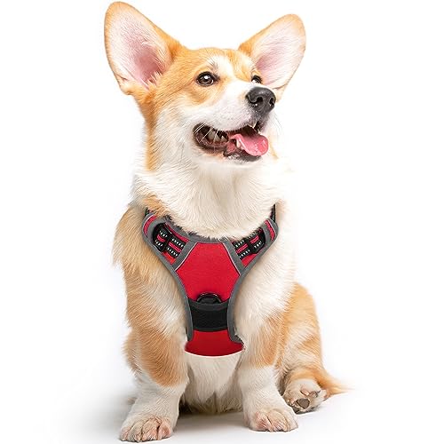 Eagloo Arnês de cão anti-puxões confortável, colete ajustável, correia ao pescoço e peito para cães pequenos, material durável e respirável, com fita refletora adapta-se ao exercício externo M / vermelho