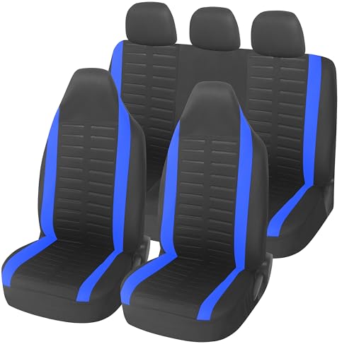 Upgrade4cars Capas de assento de carro com encosto de cabeça integrado universais preto azul | cobertura universal | protetor de assento dianteiro para dianteiro e traseiro