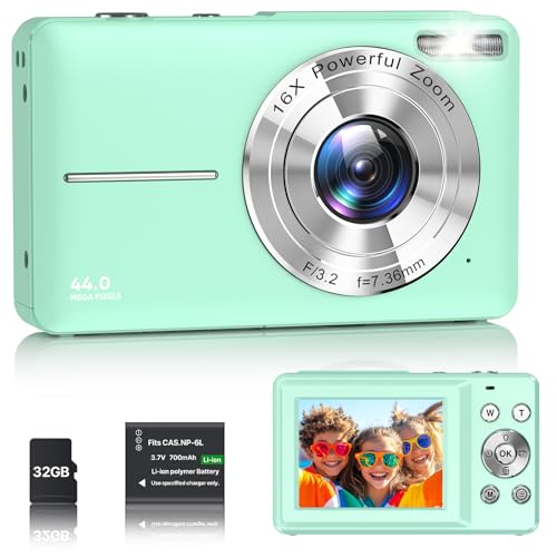 Câmara digital 1080P câmara de fotos HD 44MP câmara digital compacta com ecrã LCD de 2,4 polegadas, zoom digital 16X, cartão de memória micro de 32G, 1 bateria para crianças, adolescentes - Vert