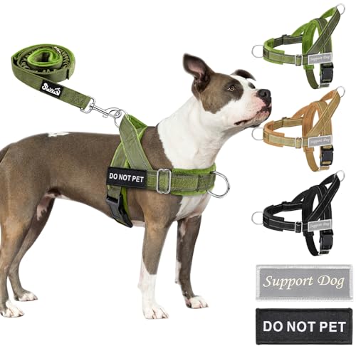 SlowTon Conjunto de arnês e trela para cães, sem puxões, ajustável no pescoço e no peito, arnês anti-stress à prova de escape, trela de cão de 5,9 pés, arnês tático militar refletor suave