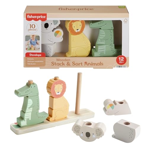 Fisher-Price Blocos empilháveis em forma de animais (coala, leão e crocodilo), 10 peças fabricadas com material certificado FSC, conjunto inspirado em Montessori, para bebés + 12 meses (HXV04)