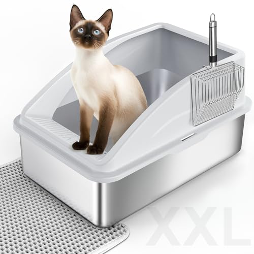 FURTIME Caixa de areia para gatos de aço inoxidável XXL, 42 l, grande capacidade, à prova de fugas, contra derramamentos, com pá de metal, 60 x 40 x 36 cm (cinzento prateado)