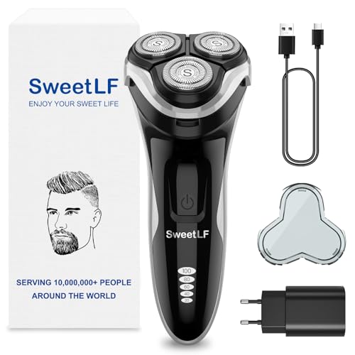 SweetLF [2024 Novo] Aparador elétrico para homem uso húmido e seco, máquina de barbear recarregável com tecnologia impermeável IPX7, com aparador de barba, cabeças giratórias 4D e ecrã LED