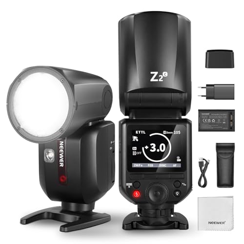 NEEWER Z2-C 2,4 G TTL Flash Speedlite cabeça redonda compatível com Canon, Speedlight 76 Ws com UI melhorada, lâmpadas de modelo, interruptor TTL/M Quick Tcm, 1/8000s HSS, bateria 2600 mAh, pano Largo