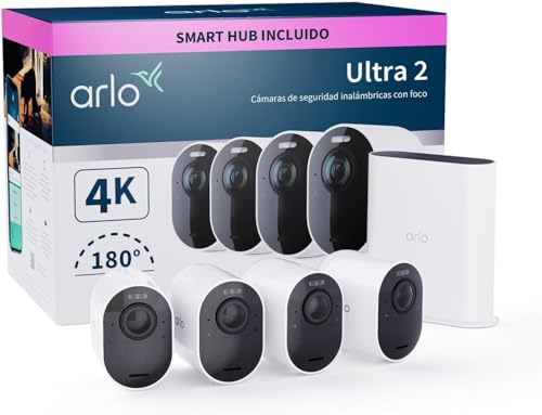 Arlo Ultra 2 câmara de vigilância WiFi exterior 4K, câmara de vigilância WiFi interior, sensor de movimento, alarme para casa, visão noturna cor, teste de arco seguro incluído, 4 câmaras, brancas