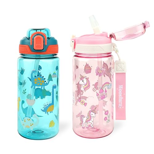 wooshwa Garrafa para beber campus Pop-up, 600 ml, garrafa de água desportiva para crianças com palhinha, sem BPA e adequada para máquina de lavar louça, verde e unicórnio rosa, menina