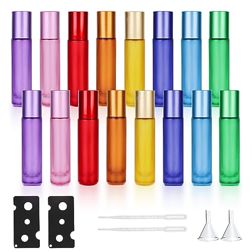 Roll on óleos essenciais, 16 peças, 10 ml, garrafas coloridas de vidro, garrafas de óleo essencial com rolo de bola, garrafa de rolo essencial para óleos essenciais, garrafa de rolo vazia