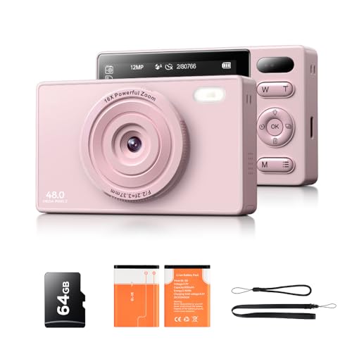 Câmara de fotos digital com cartão 64 GB: 48 MP câmara compacta 16X Zoom 1080P câmara de vídeo foco automático Vlog câmara rosa com 2 baterias para iniciantes crianças adultos