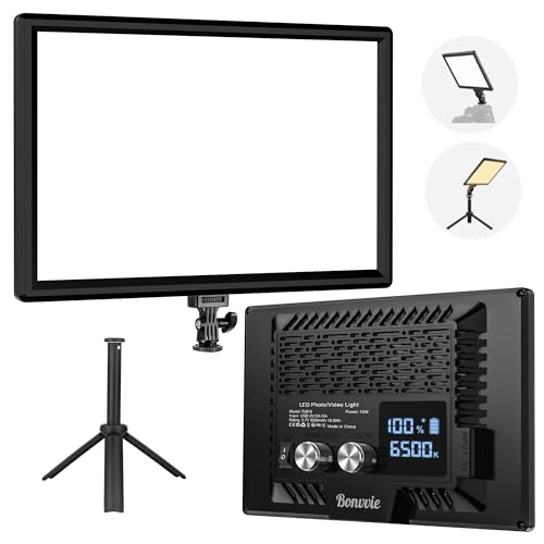 Bonvvie Luz LED de vídeo, 3000-6500 K luz de foto para estúdio e fotografia ao ar livre, log, videoconferência, transmissão ao vivo, CRI 97 bicolor luz de câmara com bateria recarregável Li-Ion 5000