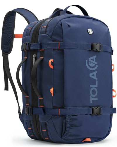 Tolaccea Mochila de viagem para laptop para homens e mulheres, bolsas de lona expansíveis aprovadas por companhias aéreas, adapta-se a computadores de 15,6 polegadas, Azul Marinho, M, Mochilas
