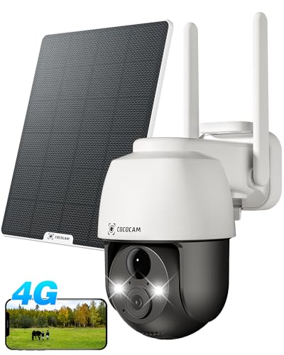 COCOCAM 4G LTE Câmara de vigilância solar exterior sem WiFi com cartão SIM, 2K PTZ sem fio, 10000 mAh, painel solar 6W, deteção humana PIR, reconhecimento AI, IP66, funciona com Alexa