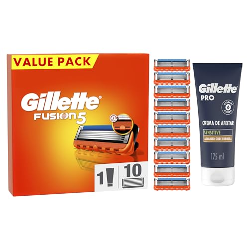 Gillette ProGlide Peças sobresselentes para homem, 10 peças de reposição Gillette PRO pele sensível creme de barbear 175 ml, lâminas de barbear, máquina de barbear homem