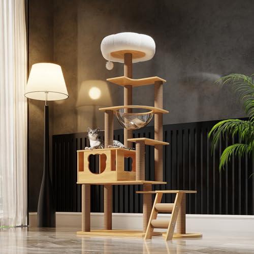 Mekidulu Raspador para gatos grandes, 165 cm, árvore para gatos com 12 postes, 1 casa para gatos, cápsula espacial transparente, 3 plataformas, pompom, 1 escada de sisal para moer garras (cor madeira