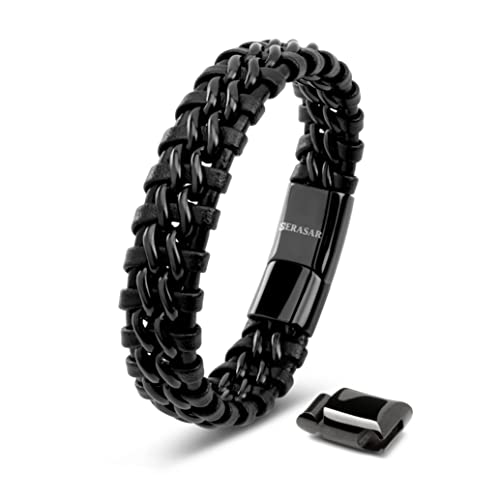 SERASAR | Pulseira de couro premium [Steel] para homem em preto | fechadura magnética de aço inoxidável em preto, prata e ouro, caixa de jóias exclusiva, ótima ideia de presente