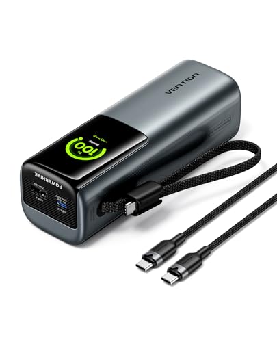 VENTION Bateria externa de 27000 mAh para portátil de 200 W, carregamento rápido, ecrã digital e animação emoji, cabo USB-C integrado, 2 x USB-C + USB-A, para iPhone 16/15/14/13 Pro Max, MacBook, Dell