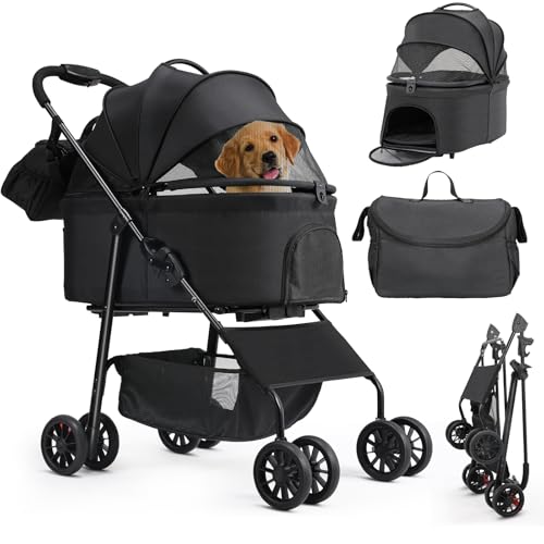 MAMIZO Carrinho para cães 3 em 1 até 30 kg, dobrável, bolsa de transporte, ninho portátil para animais de estimação, cesta grossa para cães pequenos e médios gatos, com bolsa de ombro, rodas duplas de
