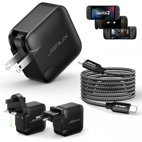 JSAUX Carregador USB C de 65 W para Nintendo Switch 2 (alimentado em modo de TV), ROG Ally, Steam Deck, tablets, portáteis, Galaxy, Pixel – carregador rápido PD com cabo USB C de 2 m e tomadas UE e UK