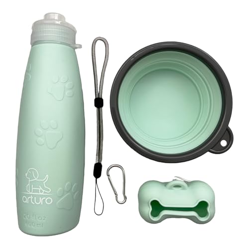 Garrafa de 600 ml. Tamanho ideal. Água cães de silicone A+ adequada também para bebida. Recupere a sua forma. Com tampa anti-gotejamento e acessórios para cães. Saída de jato. Verde.
