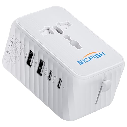 Bigfish Adaptador de tomada universal de viagem, adaptador universal tomada de viagem com 2 USB-C e 2 USB-A, adaptador tomada UK USA Japão Canadá Austrália Tailândia, adaptador universal viagem