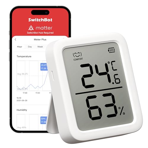 SwitchBot Termómetro higrómetro Plus - Termómetro digital de interior com chip suíço de precisão, controlo por APP, termohigrómetro para casa quarto frigorífico escritório adega, 3 em ecrã grande