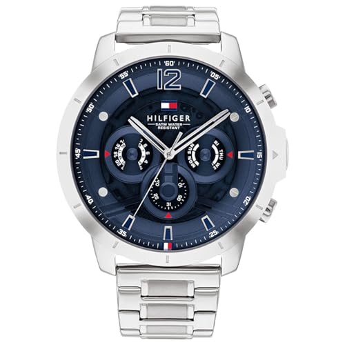 Tommy Hilfiger Relógio analógico de quartzo multifuncional para homem com correia de aço inoxidável prateada - 1710492, Azul Marinho, pulseira