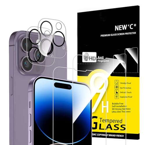 NEW'C 4 Pacotes, 2 x protetor de ecrã para iPhone 14 Pro (6,1 polegadas) e 2 x protetor de ecrã protetor de lente de câmera, vidro temperado, anti-riscos, ultra resistente - vidro dureza 9H