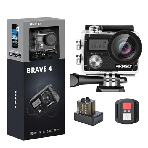 AKASO Câmara desportiva WiFi 4K 20 MP 5 x Zoom câmara aquática submergível de 30 m com controlo remoto ultra HD estabilizador de 2 baterias acessórios múltiplos 2 polegadas ecrã LCD (Brave 4)