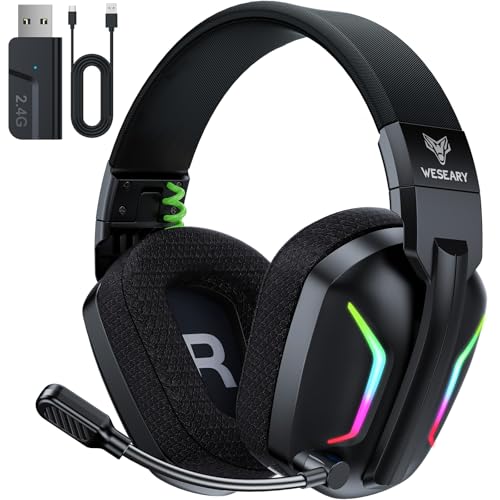 WESEARY WG1 Capacetes Gaming sem fios para PS5, PS4, PC, Switch, som estéreo auriculares com microfone, capacetes com luz LED, duração 50 HR +