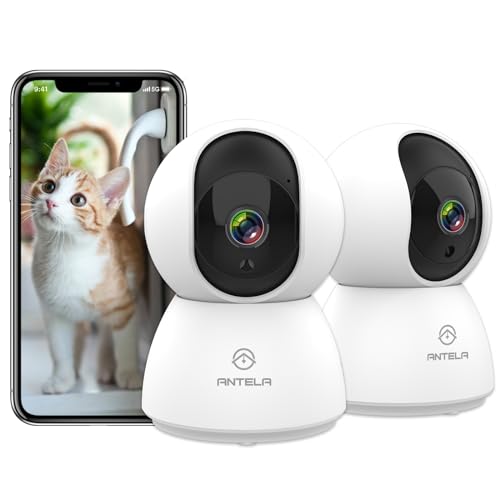ANTELA Câmara de vigilância WiFi interior 1080P, 2,4/5 GHz, 355 °/90° PTZ, áudio bidirecional, visão noturna IR, deteção de movimento, compatível com Alexa/Google Home (2 unidades)