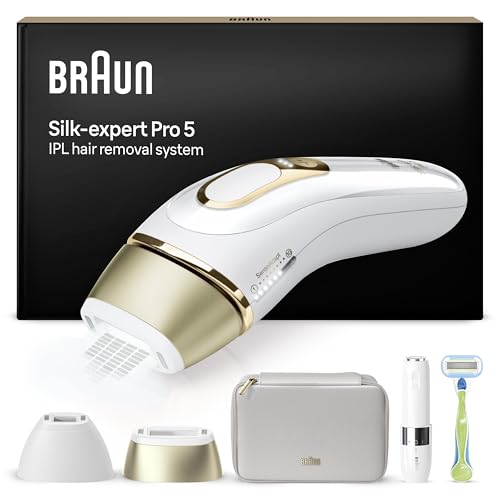 Braun Luz de pulso Silk-expert Pro 5 eliminação de pêlos em casa, alternativa à remoção a laser, máquina de depilação IPL com capa, máquina Vénus, 2 cabeças, mini máquina facial branca / dourada