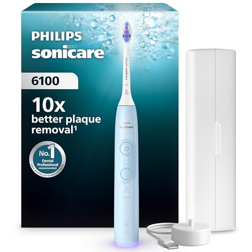Philips Sonicare 6100 escova de dentes elétrica, sónica, 2 modos de escovagem, 3 níveis de intensidade, alerta de pressão, EasyStart, SmarTimer, azul claro, HX7406/02 [nova tecnologia]