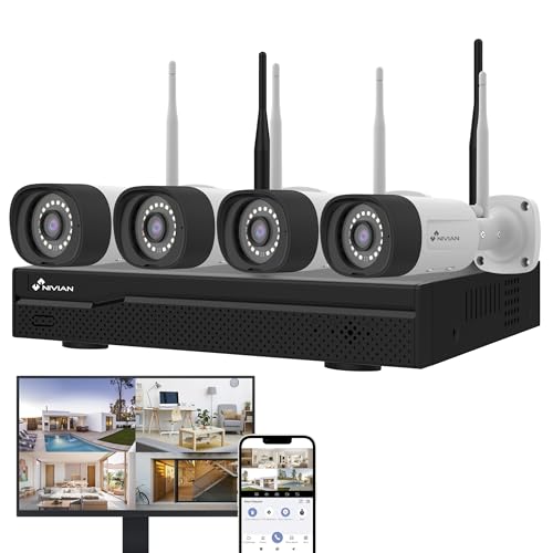 NIVIAN Kit câmaras de vigilância profissional WiFi SuperHD com 4 câmaras IP e gravador 16CH - para casas e negócios - visão noturna, detecção humana IA, áudio bidirecional, fácil instalação