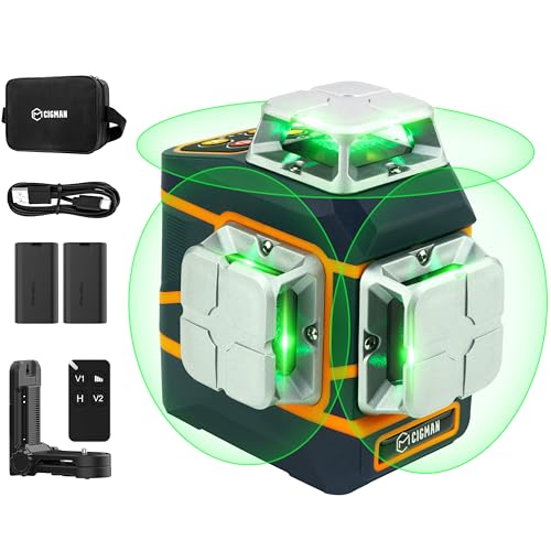 CIGMAN CM801 Nível laser 3 x 360 °, laser verde, nível laser automático profissional com 2 pilhas removíveis, linha laser horizontal / vertical - controlo remoto, modo de pulso, IP54