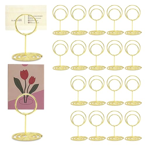 Udbrud 20 suportes para cartões de mesa de metal dourado para cartões de mesa, mini suporte para números de mesa, suporte para cartões de mesa, redondo, 20 unidades