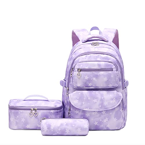 Tanou Mochilas escolares para menina, 3 peças com bolsa térmica estojo, 24 litros mochila escolar para primária secundária, mochila escolar para meninas de 8 a 14 anos, Estrela roxa, Estrela
