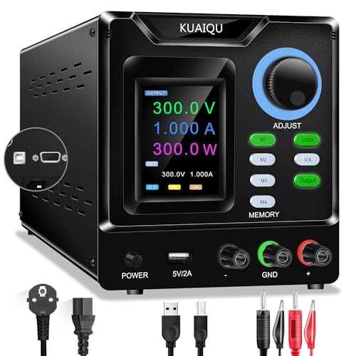 KUAIQU Fonte de alimentação regulável programável 300 V 1A, fonte de alimentação de alta tensão laboratório com software PC, botão codificador, memória, interruptor de saída e botão de bloqueio