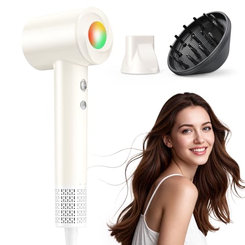 Secador de cabelo profissional iónico - 150000 RPM secador de alta velocidade, 500 milhões de iões de brilho duradouro, 8 temperaturas, ecrã LED, 365 g leve para casa, viagem (branco)